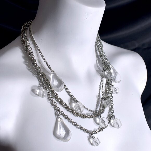 Vintage stacked silver necklace with clear faceted dangle beads faux crystals - Picture 1 of 5